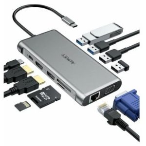 AUKEY 12-in-1 USB-C to 4x USB-A, Gigabit Ethernet, SD, MicroSD, 2x 4K HDMI, USB-C 100w PD, VGA FHD-60Hz
