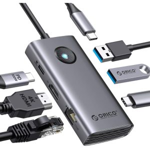 ORICO 6-in-1 USB C Docking Station,USB C Hub Ethernet Adapter with 1000Mbps Ethernet, USB C to HDMI 4K, 100W Power Delivery, 3 USB 3.0 Ports Type C Hub for MacBook Pro, Chromebook and USB C Devices