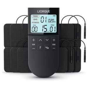 LIORQUE TENS/EMS/FITNESS 3-in-1 Muscle Stimulator, 50 Modes, 10 Pieces of TENS Electrodes, 16 Intensity Levels for Pain Relief Black