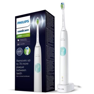 Philips Sonicare 4300 Electric Toothbrush – 7x plaque removal, pressure sensor, 2 modes, BrushSync, 2-min timer (HX6807/24)