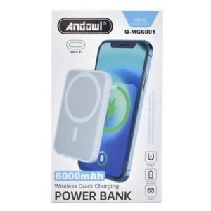 Andowl Mini Wireless Charging Power Bank 6000mAh USB Type C White