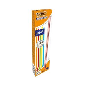 BIC Evolution Graphite Pencils - Box of 12 - HB Lead with Colourful Striped Design - Wood-Free and Splinter-Proof, Yellow, Green, Pink, Red, Black