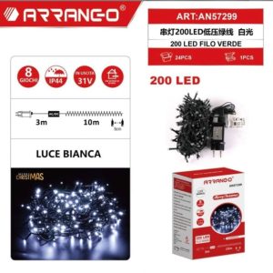Arrango AN57299 200-LED White Christmas String Lights, 10 m Lit + 3 m Lead, Green Cable, 8 Modes & Memory, 31 V Low-Voltage, IP44, Indoor/Outdoor