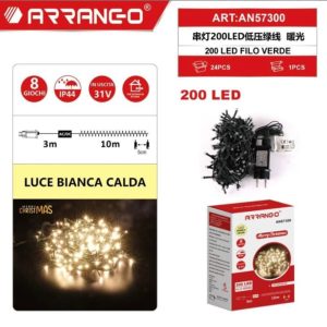 Arrango AN57300 200-LED Warm White Christmas String Lights, 10 m Lit Length + 3 m Lead, Green Cable, 31 V Low-Voltage, 8 Lighting Modes with Memory, IP44
