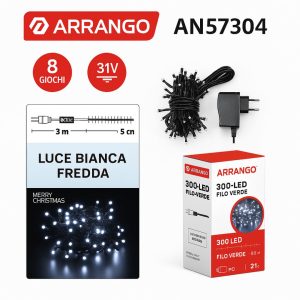 Arrango AN57304 300-LED Cool White Christmas String Lights, 15 m Lit Length + 3 m Lead, Green Cable, IP44, 31 V Low-Voltage with 8 Modes & Memory