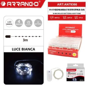 Arrango AN79366 30-LED Micro String Lights, 3 m, Cool White, Battery-Powered (2×CR2032), 4 Modes with Memory, Indoor Use, 1pc