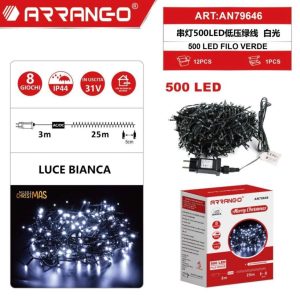 Arrango AN79646 500-LED Cool White Christmas String Lights, 25 m Lit Length + 3 m Lead, Green Cable, IP44, 31 V Low-Voltage with 8 Modes & Memory