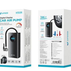 Unico AP5136 Portable inflator Air Pump with LCD display and auto stop, 17 L/min flow, 3000 mAh battery. For cars, motorcycles, bicycles and balls. USB-DC charging cable included.