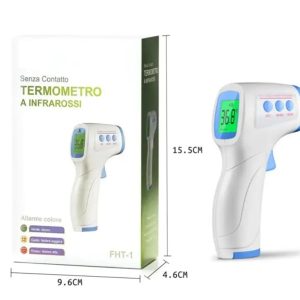 MU FHT1 Forehead non-contact thermometer (1–3 cm) with color fever alert. Body 32–42.9°C, object 0–100°C. Body accuracy ±0.2°C. Auto power-off 20s, 64 memories. 2×AAA