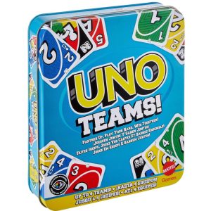 Mattel Games UNO Teams Metal Box, Team Version of the Iconic Game, Special Rules and New Wild Team Cards