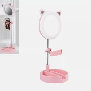 Driwei LD-03493 Total White Ring light with mirror and phone holder: 48 LEDs, 10 levels, 3500&ndash;6000K, 31&ndash;59 cm telescopic pole (4 sections), 180&deg; adjust. USB 5V, 6&ndash;12 W. Foldable
