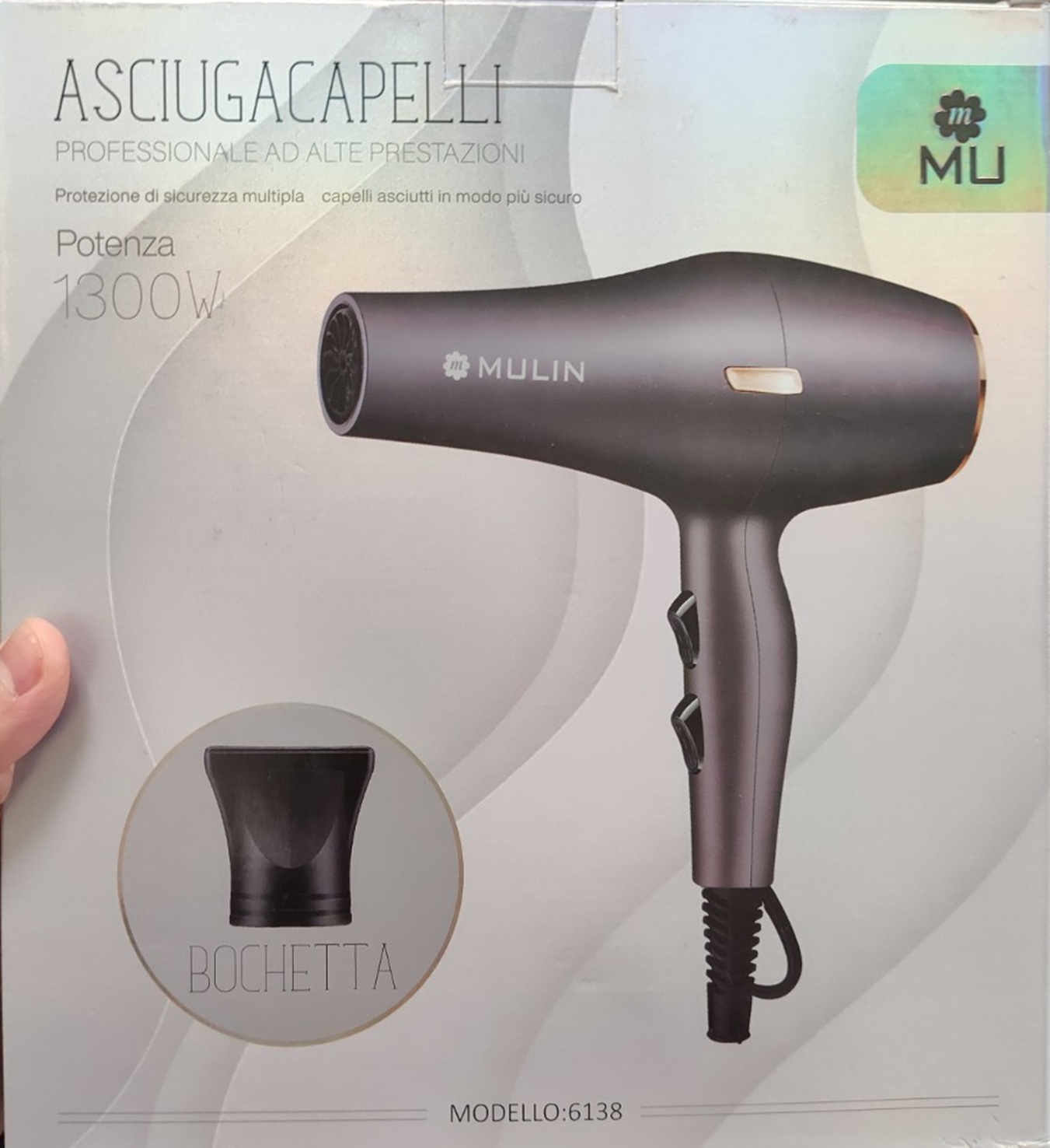 MULIN 6138 Professional 1300W Hair Dryer with Styling Nozzle Blue