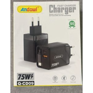 Andowl Q-CD09 75W GaN Wall Charger with Built-In USB-C Cable & Dual Ports Output USB-C + USB-A Super Fast Charging