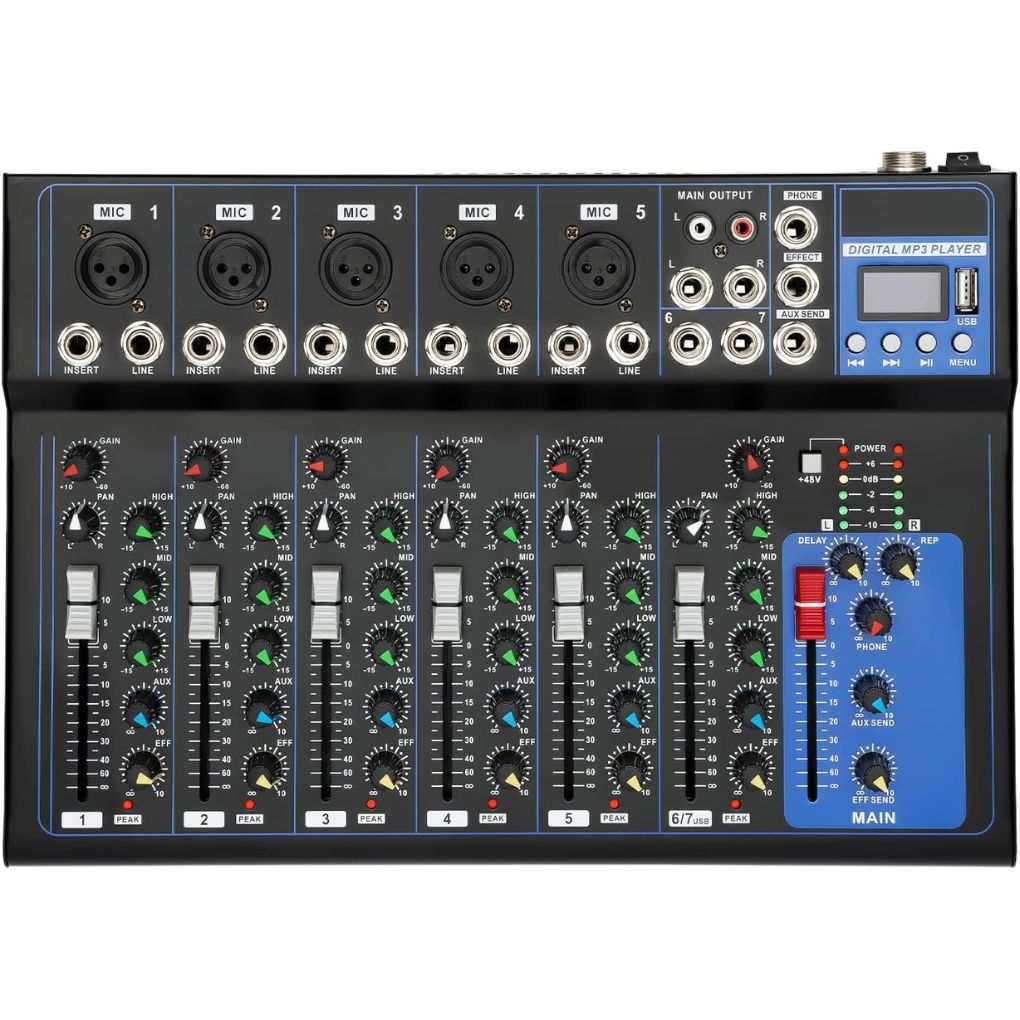 E-TY7 Professional 7-Channel Audio Mixer with USB & Effects