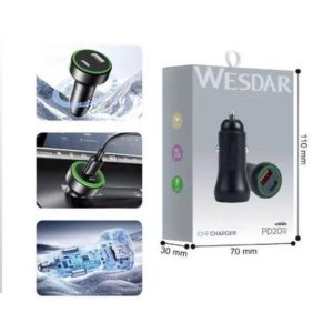 Wesdar U18 Car Charger 20W PD Fast Charge – Dual Port USB-A & USB-C, Compact 12–24V Adapter