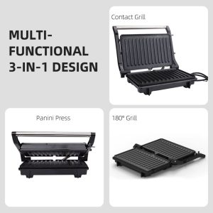 Burger Mini Electric Grill 1000W – Non-Stick Plates – 180° Opening – Thermostat – Compact Table Grill