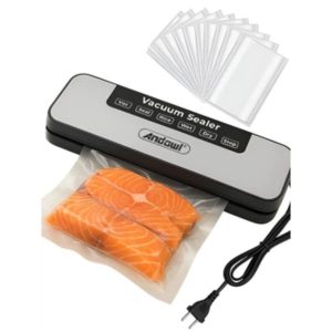 Andowl Vacuum Sealer 110W with 10 Extra Bags for Vegetables Meat Grain Seafood