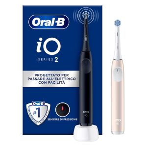 Oral-B iO 2 Oral B Electric Toothbrush, Black and Pink, 1 Replacement Head, 2 Toothbrushes, Gentle on Gums, Effective on Plate, Pressure Sensor
