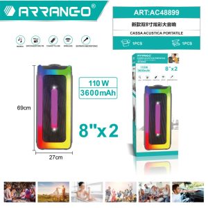 Arrango AC48899 STYX-10 Portable Loudspeaker 110W 8"x2  Wireless - FM - USB/TF - Dual MIC - 3600mAh Battery