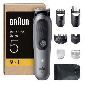 Braun All-in-One Series 5 Grooming Kit, 9in1, Ultra Sharp Blade, 120 Min, SkinGuard for Body, Precise & Efficient Trim, AquaGrip for Under Water Use, Grey