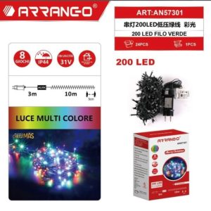 Arrango AN57301 200-LED Multicolor Christmas String Lights, 10 m Green Cable, IP44, 8 Modes with Memory, 31 V Safe Low-Voltage Transformer