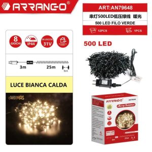 Arrango AN79648 500-LED Warm White Christmas String Lights, 25 m Lit Length + 3 m Lead, Green Cable, IP44, 31 V Low-Voltage with 8 Modes & Memory