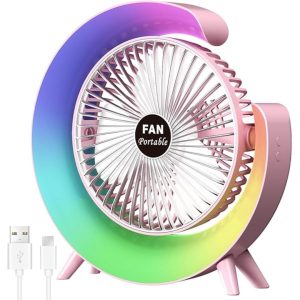 Allpress USB Desk Fan with RGB Mood Light, 3 Speeds 1800mAh Rechargeable, 180&deg;Adjustment