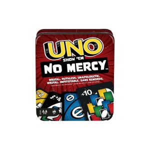 Mattel Games UNO No Mercy Multicolour Metal Box, with 56 New Cards, 10 Special Rules