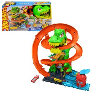 Hot Wheels City - T-Rex Firefighter, fire station playset with rotating eyes dinosaur and race track, fire truck included