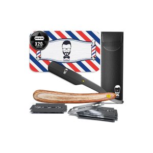 Straight Razor 10 Half Blades Shaving Contours Handle Case Steel Wood Moustache
