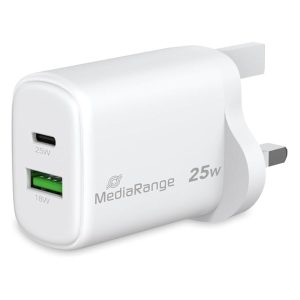 MediaRange 25W GaN Fast Charging Adapter (UK Plug), 1x USB-C and 1x USB-A, Supports USB-C, Power Delivery and Quick Charge, White