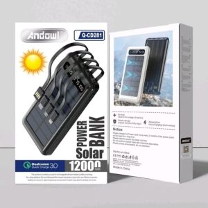 Andowl Solar Power Bank 12000mAh, Quick Charger 3.0, Built-in cables USB / Type C / Lightning / Micro USB