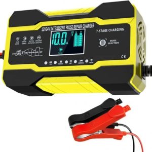 Andowl Q-DP1210 Intelligent Pulse Repair Battery Charger 12V/24V (10A/5A), 7-Stage Smart Charging, LCD Display, Clamp Leads
