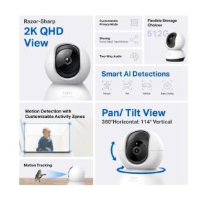 TP-Link Tapo Pan/Tilt Home Security Wi-Fi Camera 360&deg;, 2K 4MP QHD