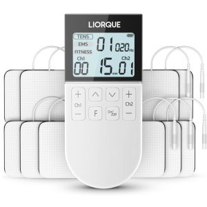 LIORQUE TENS/EMS/FITNESS 3-in-1 Muscle Stimulator, 50 Modes, 10 Pieces of TENS Electrodes, 16 Intensity Levels for Pain Relief White