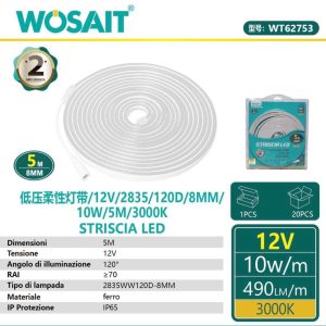 WOSAIT 5 m LED Strip Light, 12 V, 10 W/m, 490 lm/m, 120 LEDs/m, 3000 K Warm White, IP65, Flexible 8 mm Silicone Rope (WT62753)
