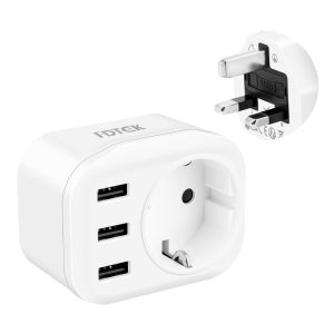FDTEK 4 in 1 Travel Adapter UK Germany Plug, EU to UK, Type G Travel Plug with 3 USB-A Ports
