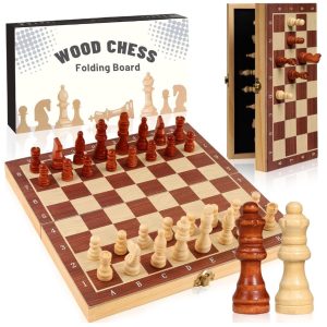 Wooden Magnetic Chess Board with Strong Magnetic Closure, Foldable Wooden Box